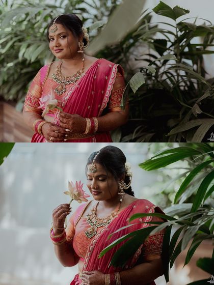 A collage of a bride's portraits, showing her in a beautiful pink saree amidst lush greenery.