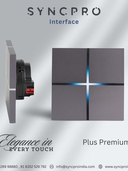 Elegance in every touch. The Plus Premium keypad shows its slim profile and internal components, alongside its front view with a distinctive cross-shaped blue illumination that activates on proximity.