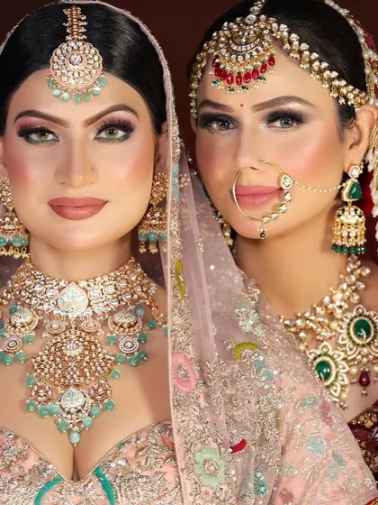 Two of our beautiful brides, showcasing two distinct yet equally stunning bridal styles. On the left, a soft glam look with mint green jewelry, and on the right, a classic red and green combination.