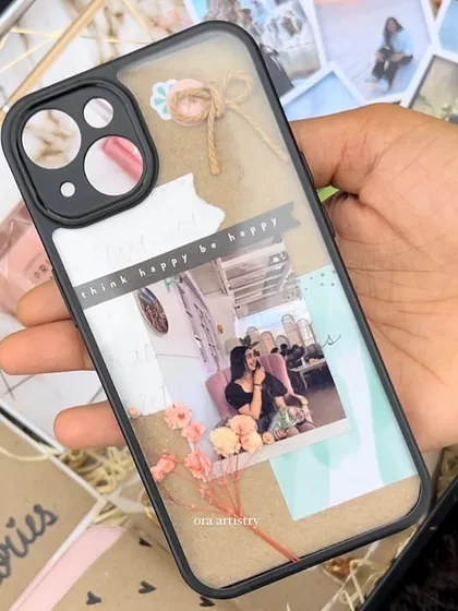 Carry your memories with you. This is a close up of one of my custom aesthetic phone cases, designed with your favorite photos and a vintage, scrapbook style. It's a popular item for my personalized gift boxes.