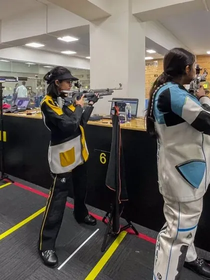 Competitors in full gear during a 10m air rifle event at the CISCE National Games. My facility supports multiple shooters competing simultaneously.