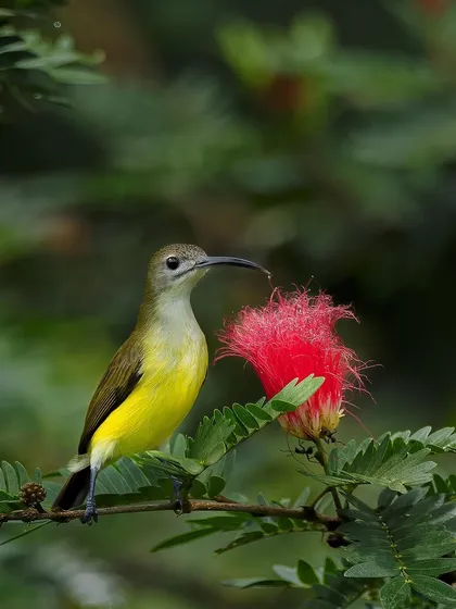 A Little Spiderhunter pauses on a branch next to its food source, its long, decurved bill perfectly suited for probing flowers.