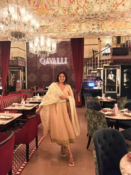 For the launch of Qavalli, a restaurant celebrating Mughlai heritage, I wore a classic beige anarkali with a beautiful embroidered dupatta. The outfit was chosen to complement the regal and traditional ambiance of the space.