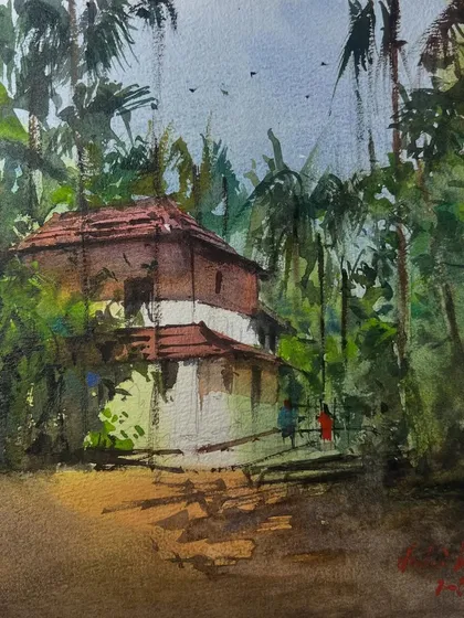 This watercolor of Konkan was a break from my usual cityscapes. Painting foliage is always a good challenge, and I enjoyed capturing the layers of green and the traditional house nestled in the trees.