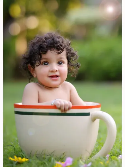 A smiling baby enjoying the fresh air from our giant teacup prop. Outdoor sessions allow for bright, happy, and natural-looking photographs.