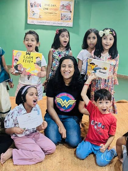 A series of photos from an indoor storytelling session for Pratham Books' 'One Day, One Story' event. This shows my journey as a storyteller, from park sessions to collaborations, and my passion for spreading the joy of reading.