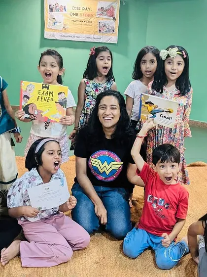 A series of photos from an indoor storytelling session for Pratham Books' 'One Day, One Story' event. This shows my journey as a storyteller, from park sessions to collaborations, and my passion for spreading the joy of reading.