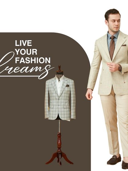 Live your fashion dreams with our tailored excellence. This image contrasts a finished beige suit with a plaid blazer on a mannequin, showcasing the journey from concept to reality.