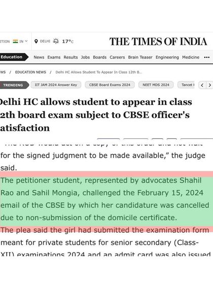 The Times of India article highlighting our argument that the student had submitted the required documents and was issued an admit card, making the CBSE's subsequent cancellation of her candidature unjust.