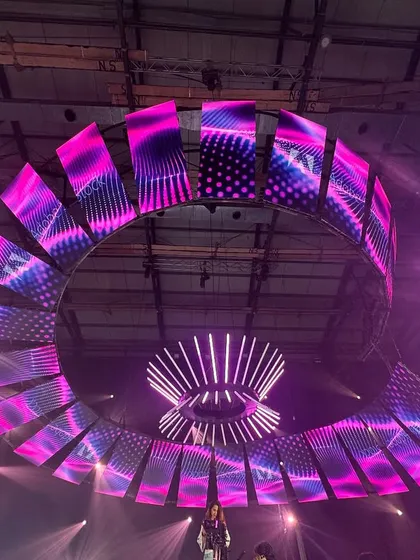 The Sunsilk set seen from the ground, showing the scale of the overhead lighting and LED structure. This kind of large-scale installation is one of our specialties.