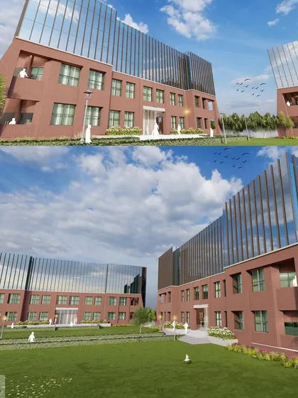 A composite image showing different angles of the institutional building. This highlights the architectural strategy of using solid brick forms as a base for the lighter, transparent glass structures above.