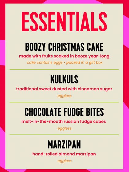 These are my Christmas essentials. The boozy cake contains eggs, but the kulkuls, chocolate fudge, and marzipan are all eggless.