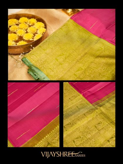 A collage detailing the fine silver stripes on the pink body and the heavy gold brocade on the green border.