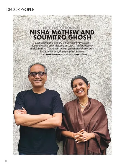 A portrait of us, Nisha Mathew and Soumitro Ghosh. Our practice is a continuous conversation, a shared journey of questioning architecture's boundaries and placing human experience at its core.