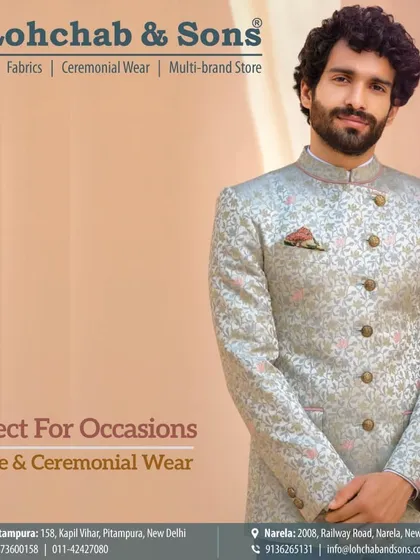 Perfect for any occasion, our festive and ceremonial wear combines classic cuts with modern sensibilities. This model wears a light green printed bandhgala jacket, a versatile piece that can be dressed up or down.