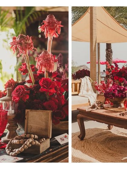 A collage of the rich, textured details from the red-themed Haldi, including wooden furniture, rustic beads, and parrot figurines.
