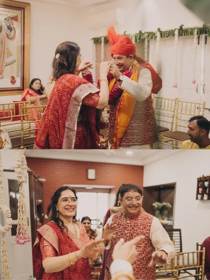 The parents of the bride dancing and enjoying the home ceremony. Their coordinated red outfits show how we encourage families to embrace color and celebrate together.