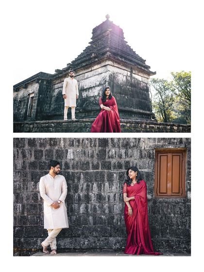 A creative composition showing the couple at a historic temple, blending architectural beauty with their personal love story.