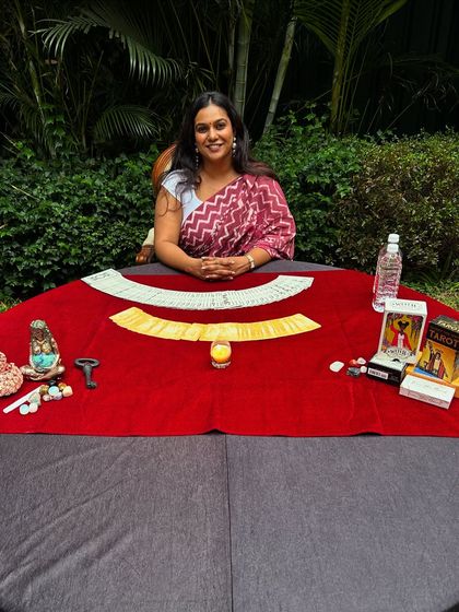 A photo from the Arcesium event, where I was ready to welcome employees for their readings. I believe in dressing for the occasion, and this beautiful saree felt perfect for an evening of elegance and insight.