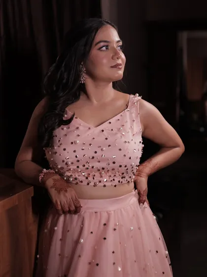 My client looking beautiful and confident in her pink sequin outfit for her cocktail party. The makeup is soft and pretty to match the vibe.