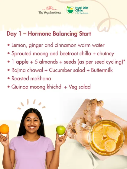 Day 1 of my PCOD/PCOS diet plan focuses on hormone balancing. It starts with a lemon-ginger-cinnamon tea and includes meals like sprouted moong chilla and quinoa moong khichdi to support your system.