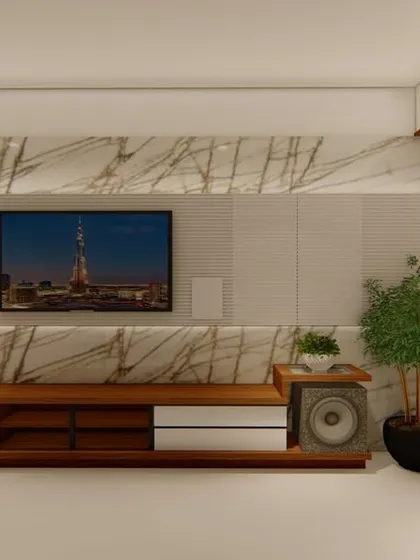 This entertainment center features a marble-clad wall and a floating wooden console, combining natural textures with a clean, modern design. Integrated planters bring a touch of nature to the living space.