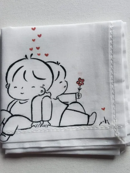 This design shows one character giving a flower to another. It's a small, romantic gesture captured in a hand-painted doodle.
