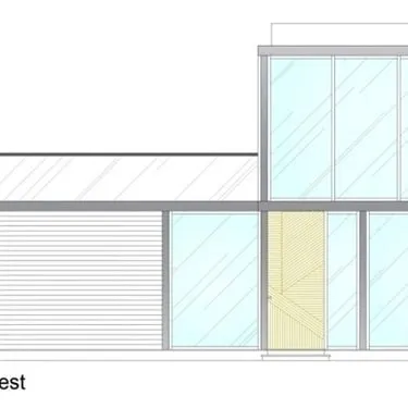 This architectural elevation drawing shows the design for a modern, two-level prefab home. Our process starts with detailed plans that focus on maximizing light and space with clean, geometric forms.