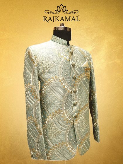 Another view of the pastel green Jodhpuri, emphasizing its regal charm and timeless elegance.