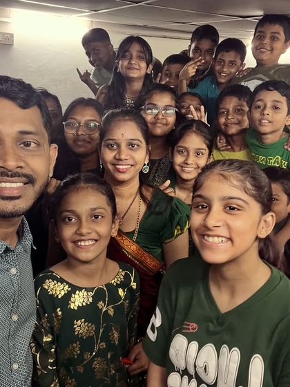A close-up selfie with some of our younger students during the Green day Navratri celebration.