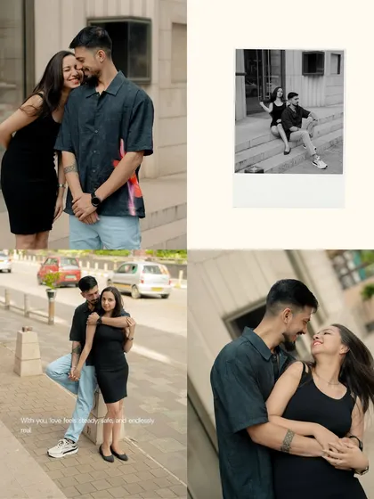 A collection of moments from an urban shoot, presented in a scrapbook style. This includes candid interactions, a romantic close-up, and a polaroid-style black and white shot for a touch of nostalgia.