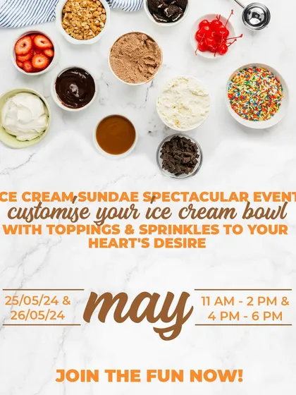 This poster for our May 'Ice Cream Sundae Spectacular' event shows a variety of toppings and sprinkles you can customize your ice cream bowl with.