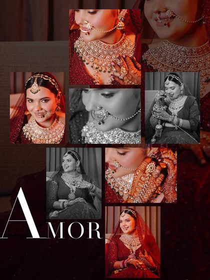 A collage of the bride's portraits, titled 'Amor'. The mix of color and black and white close-ups captures her emotions and the beautiful details of her jewelry.