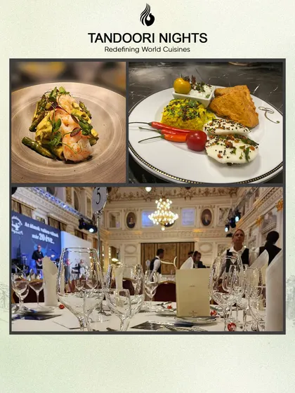 We catered a destination event in Budapest, blending regional Indian flavors with international elegance. This collage shows the plated dishes and the grand European venue.