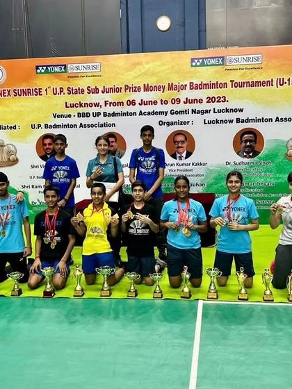 **A Dominant Performance at U.P. State Sub-Junior Tournament.** Our team of U-15 and U-17 athletes with their impressive collection of 11 gold, 4 silver, and 2 bronze medals from the tournament in Lucknow.