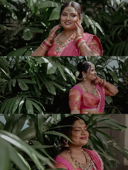 A collage of a bride's portraits, capturing her serene and happy moments on her betrothal day.