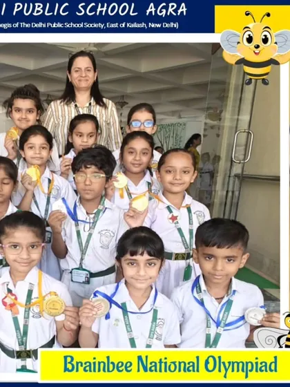 A group of talented students from the Handwriting competition at DPS Agra with their 2024 medals.
