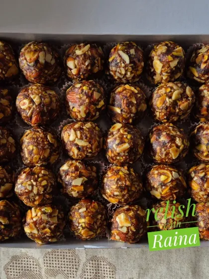 A full box of my Dry Fruit Laddoos, a healthy and delicious treat that can be enjoyed year-round by everyone in the family.