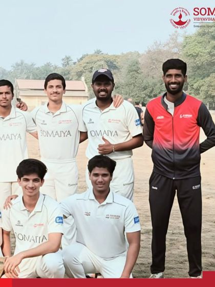 Teammates and coaches from the K. J. Somaiya Polytechnic cricket team celebrate their victory.