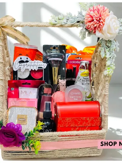 Unbox the charm of my special cosmetic hampers. This rope basket is filled with makeup brushes, palettes, and other beauty products, making it a perfect gift for a makeup lover.