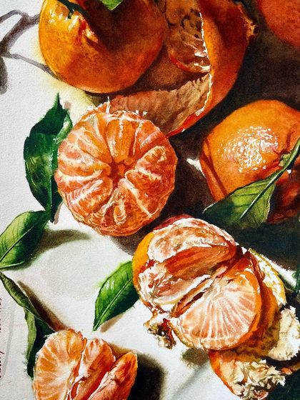 A vibrant still life of oranges, used as an example for my watercolor course. The challenge here was to capture the texture of the orange peel and the translucency of the segments.