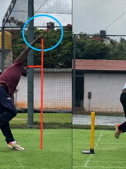 This comparison highlights the change in the release point. By achieving a higher and more upright release, the bowler gained better trajectory and control over his off-spin.