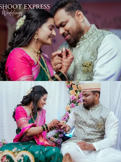 A collage showcasing the key moments of a Maharashtrian engagement, from the ring exchange to a tender embrace.