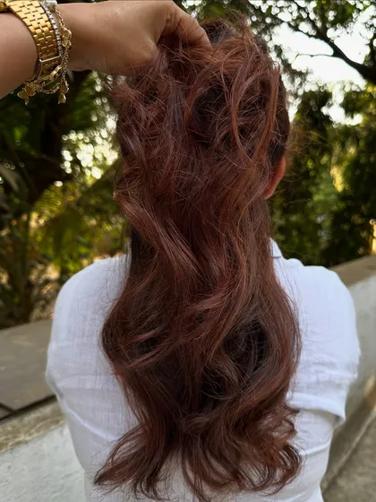 More of the 'Cowboy Copper' trend that I'm loving. This rich, warm red-brown shade is so flattering and gives the hair an incredible vibrancy and shine. I always use K18 to keep the hair healthy during the process.