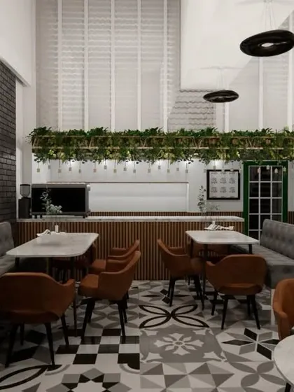 This wide shot of the cafe concept demonstrates the overall layout and atmosphere. The combination of warm lighting, natural materials, and comfortable seating is designed to create a welcoming environment for customers from morning to night.
