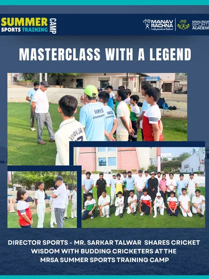 A collage showcasing the masterclass with cricket legend Sh. Sarkar Talwar during our MRSA Summer Sports Camp.