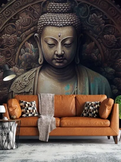 A detailed, sculpture-like wallpaper of a Buddha's face, set against an intricately carved background. This design adds a sense of history and artistry to the room.