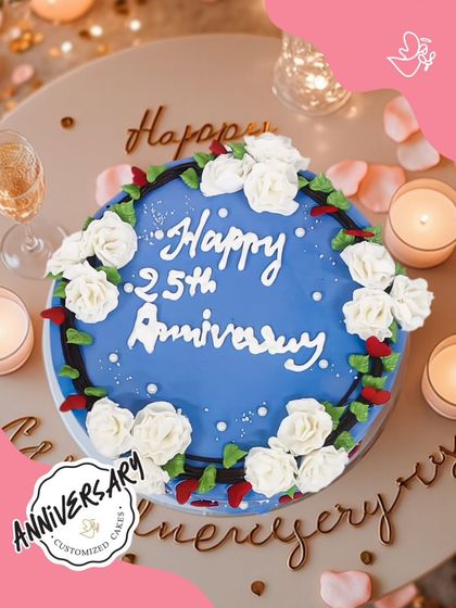 A beautiful cake for a beautiful milestone. We celebrated Mr. and Mrs. Rathore's 25th anniversary in Dwarka with this lovely blue cake, adorned with a wreath of white roses to mark their silver jubilee.