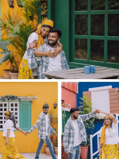 A collage of a couple's fun and playful moments from their pre-wedding shoot.