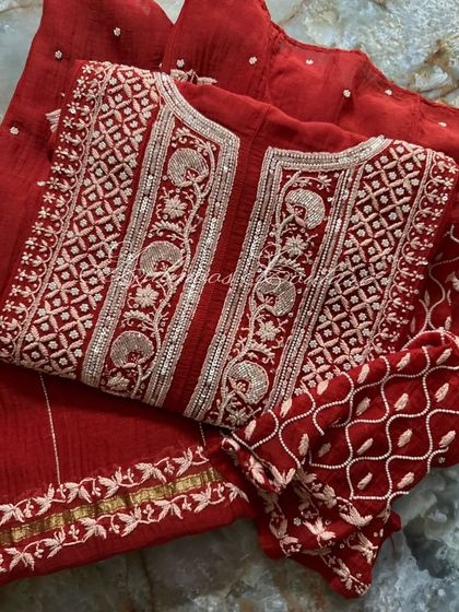 A detailed overhead view of the yoke, perfect for appreciating the craftsmanship of the Kutdana and sequin work.